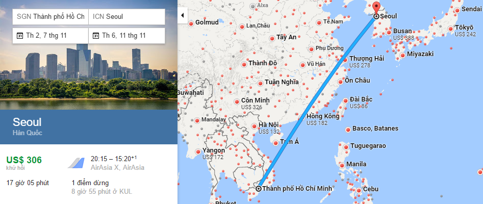 Bản đồ đường bay từ TP Hồ Chí Minh đi Seoul