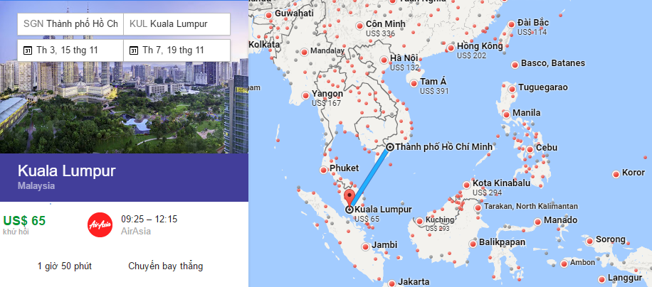 Bản đồ đường bay từ HCM đi Kuala Lumpur