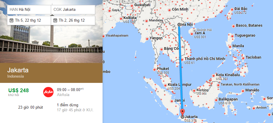 Bản đồ đường bay từ Hà Nội đi Jakarta