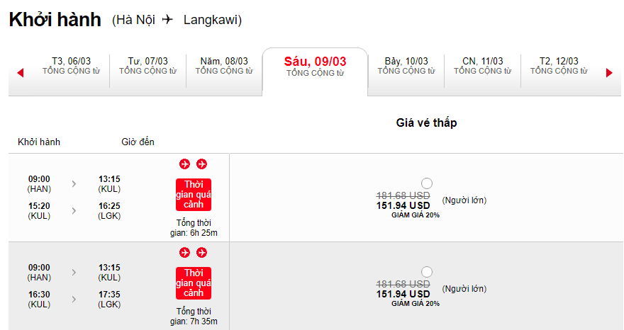 Giá vé từ Hà Nội đi Langwaiki giá rẻ