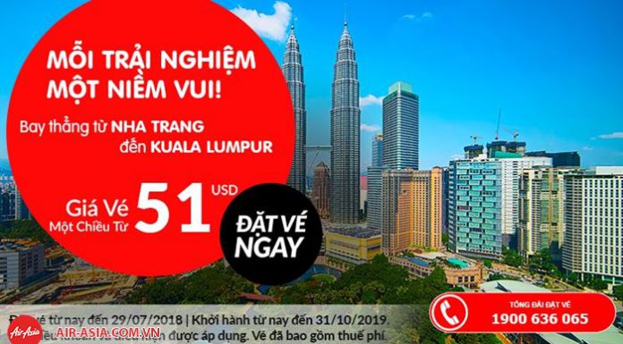 Bay thẳng từ Nha Trang đến Kuala Lumpur với giá vé 51 USD một chiều
