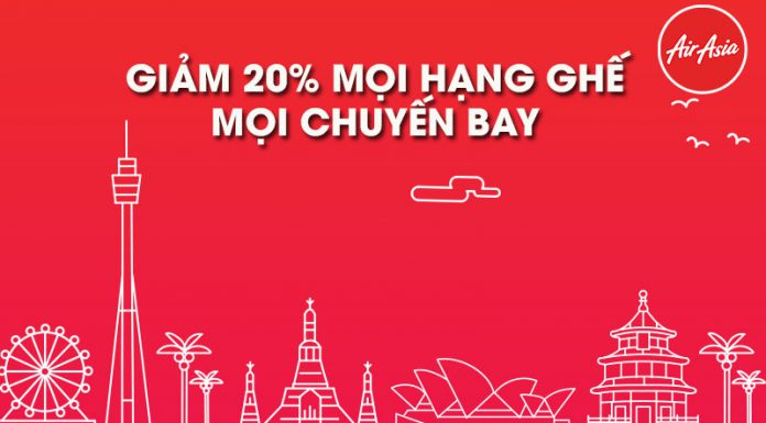Air Asia khuyến mãi giảm 20% giá vé mọi hạng ghế mọi chuyến bay